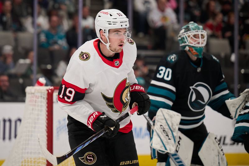 Mar 9, 2024; San Jose, California, USA: Ottawa Senators right wing Drake Batherson (19) skates against the San Jose Sharks during the first period at SAP Center at San Jose. Mandatory Credit: Robert Edwards-USA TODAY Sports