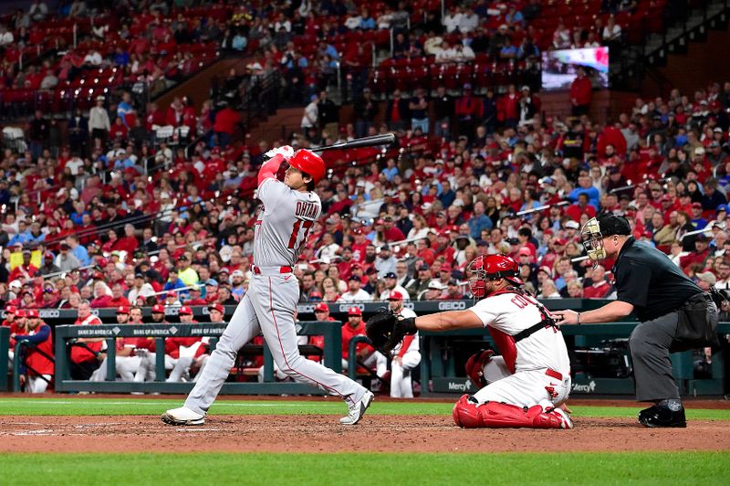 May 3, 2023; St. Louis, Missouri, USA;  Los Angeles Angels starting pitcher Shohei Ohtani (17) hits a double against the St. Louis Cardinals during the ninth inning at Busch Stadium. Mandatory Credit: Jeff Curry-USA TODAY Sports