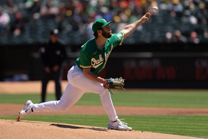 Apr 30, 2023; Oakland, California, USA;  Oakland Athletics starting pitcher Ken Waldichuk (64) pitches during the first inning against the Cincinnati Reds at RingCentral Coliseum. Mandatory Credit: Stan Szeto-USA TODAY Sports