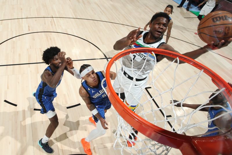 MINNEAPOLIS, MN -  FEBRUARY 3: Anthony Edwards #1 of the Minnesota Timberwolves drives to the basket during the game against the Orlando Magic on February 3, 2023 at Target Center in Minneapolis, Minnesota. NOTE TO USER: User expressly acknowledges and agrees that, by downloading and or using this Photograph, user is consenting to the terms and conditions of the Getty Images License Agreement. Mandatory Copyright Notice: Copyright 2022 NBAE (Photo by Jordan Johnson/NBAE via Getty Images)