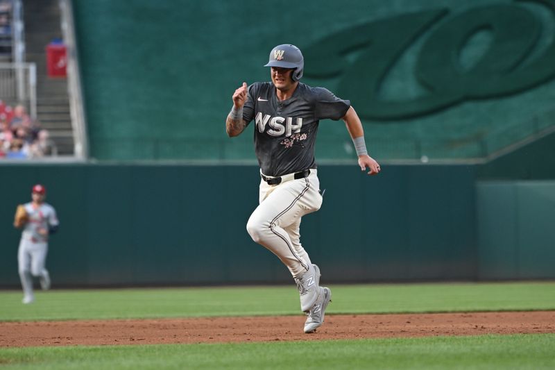 Jul 5, 2024; Washington, District of Columbia, USA; Washington Nationals third baseman Nick Senzel (13) sprints to third base against the St. Louis Cardinals during the second inning at Nationals Park. Mandatory Credit: Rafael Suanes-USA TODAY Sports