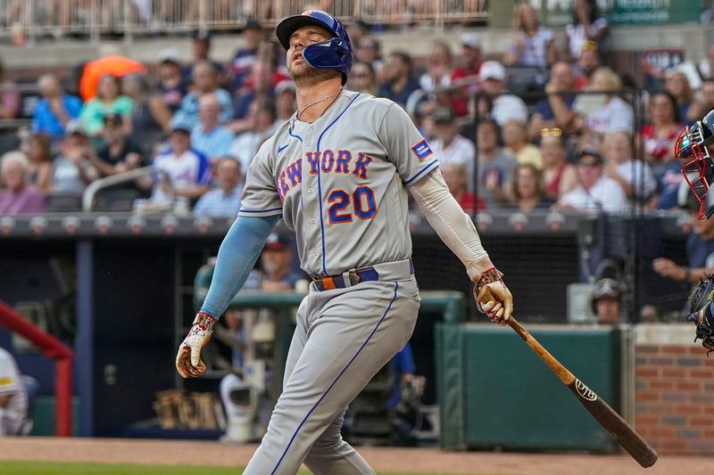 Aug 23, 2023; Cumberland, Georgia, USA; New York Mets first baseman Pete Alonso (20) reacts after striking out against the Atlanta Braves during the first inning at Truist Park. Mandatory Credit: Dale Zanine-USA TODAY Sports