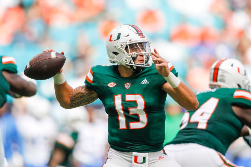 Oct 22, 2022; Miami Gardens, Florida, USA; Miami Hurricanes quarterback Jake Garcia (13) throws the football during the second quarter against the Duke Blue Devils at Hard Rock Stadium. Mandatory Credit: Sam Navarro-USA TODAY Sports