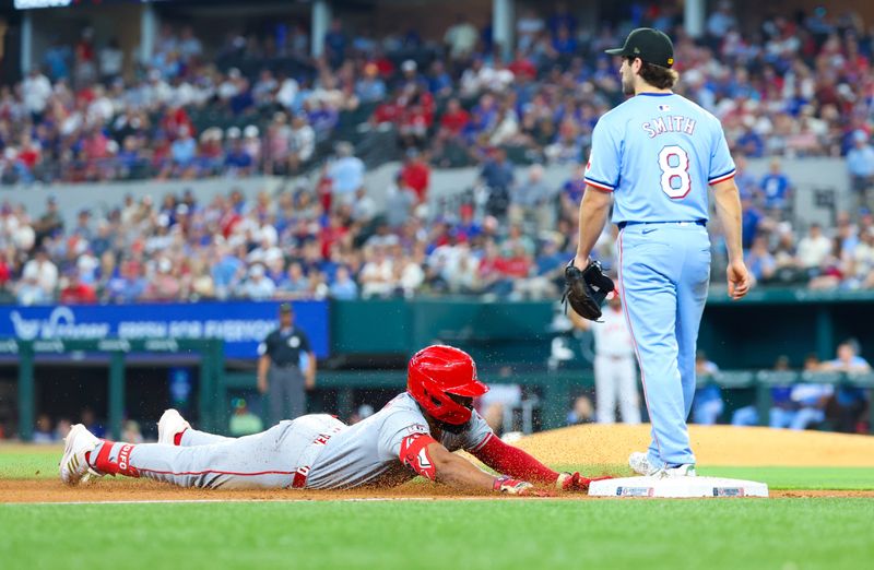 May 19, 2024; Arlington, Texas, USA; Los Angeles Angels third baseman Luis Rengifo (2) slides into third base with a triple during the seventh inning against the Texas Rangers at Globe Life Field. Mandatory Credit: Kevin Jairaj-USA TODAY Sports