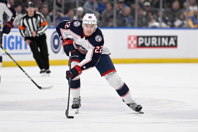 Jan 30, 2024; St. Louis, Missouri, USA; Columbus Blue Jackets defenseman Jake Bean (22) skates against the St. Louis Blues during the first period at Enterprise Center. Mandatory Credit: Jeff Le-USA TODAY Sports