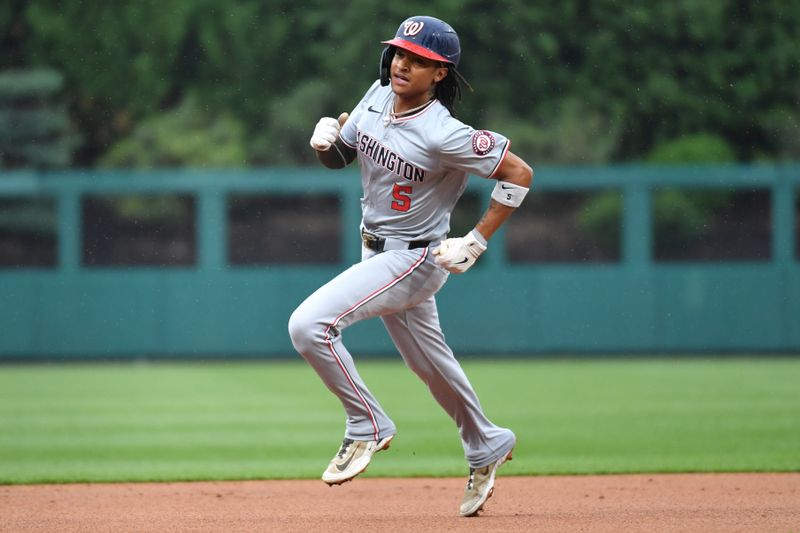 May 19, 2024; Philadelphia, Pennsylvania, USA; Washington Nationals shortstop CJ Abrams (5) runs to third base during the first inning against the Philadelphia Phillies at Citizens Bank Park. Mandatory Credit: Eric Hartline-USA TODAY Sports