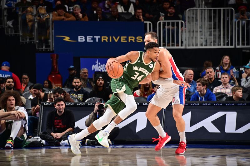 DETROIT, MI - JANUARY 22: Giannis Antetokounmpo #34 of the Milwaukee Bucks drives to the basket during the game against the Detroit Pistons on January 22, 2024 at Little Caesars Arena in Detroit, Michigan. NOTE TO USER: User expressly acknowledges and agrees that, by downloading and/or using this photograph, User is consenting to the terms and conditions of the Getty Images License Agreement. Mandatory Copyright Notice: Copyright 2024 NBAE (Photo by Chris Schwegler/NBAE via Getty Images)