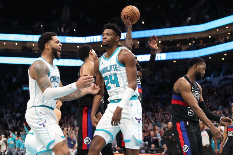 CHARLOTTE, NC - NOVEMBER 06:  Brandon Miller #24 of the Charlotte Hornets and Miles Bridges #0 of the Charlotte Hornets celebrate buzzer beater after the game against the Detroit Pistons on November 06, 2024 at Spectrum Center in Charlotte, North Carolina. NOTE TO USER: User expressly acknowledges and agrees that, by downloading and or using this photograph, User is consenting to the terms and conditions of the Getty Images License Agreement. Mandatory Copyright Notice: Copyright 2024 NBAE (Photo by Brock Williams-Smith/NBAE via Getty Images)