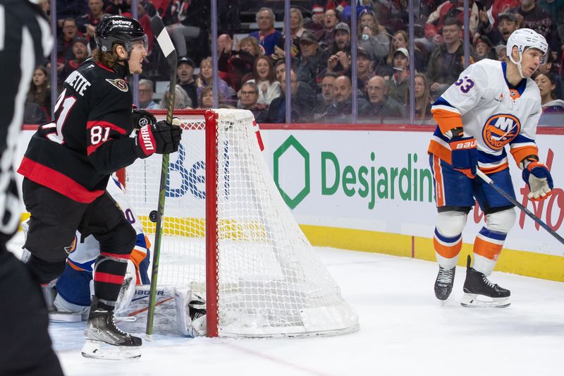 Dec 8, 2024; Ottawa, Ontario, CAN; Ottawa Senators right wing Adam Gaudette (81) scores against New York Islanders goalie Ilya Sorokin (30) in the first period at the Canadian Tire Centre. Mandatory Credit: Marc DesRosiers-Imagn Images