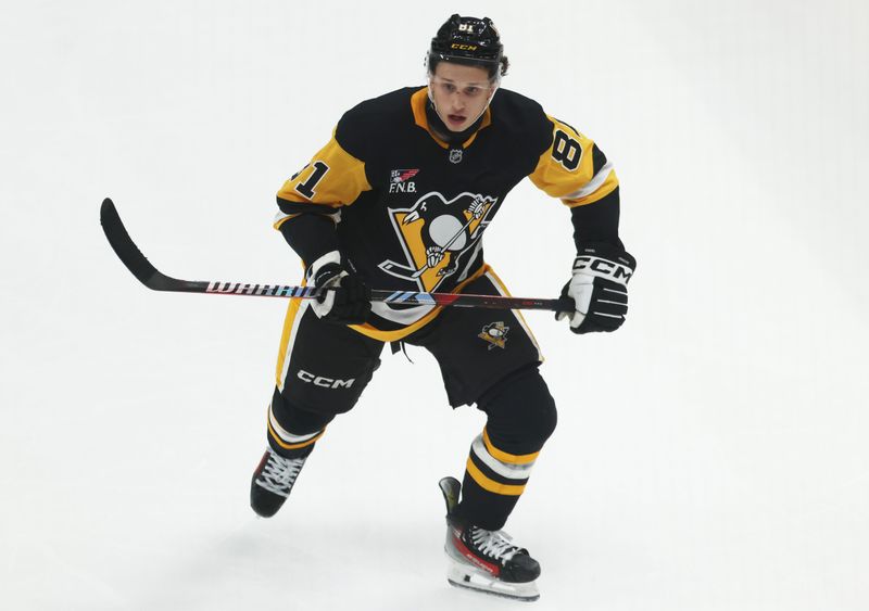 Sep 27, 2025; Pittsburgh, Pennsylvania, USA;  Pittsburgh Penguins center Ben Kindel (81) in action against the Columbus Blue Jackets during the second period at PPG Paints Arena. Mandatory Credit: Charles LeClaire-Imagn Images