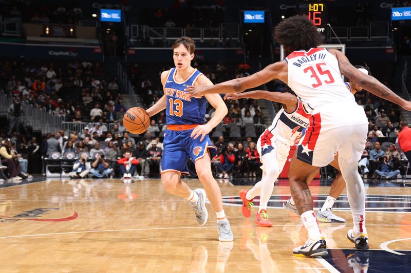WASHINGTON, DC -? OCTOBER 18: Tyler Kolek #13 of the New York Knicks dribbles the ball during the game against the Washington Wizards on October 18, 2024 at Capital One Arena in Washington, DC. NOTE TO USER: User expressly acknowledges and agrees that, by downloading and or using this Photograph, user is consenting to the terms and conditions of the Getty Images License Agreement. Mandatory Copyright Notice: Copyright 2024 NBAE (Photo by Kenny Giarla/NBAE via Getty Images)