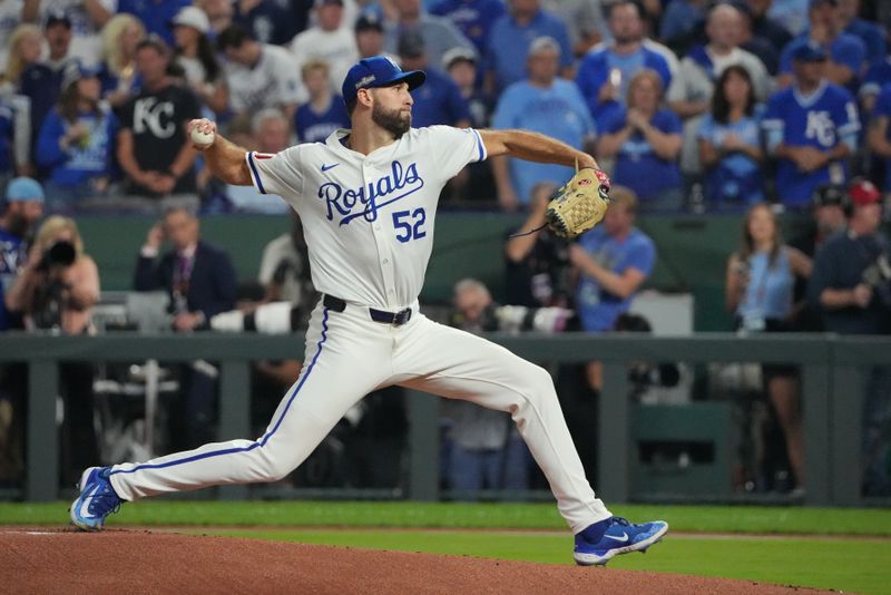 Oct 10, 2024; Kansas City, Missouri, USA; Kansas City Royals pitcher Michael Wacha (52) throws during the first inning against the New York Yankees during game four of the ALDS for the 2024 MLB Playoffs at Kauffman Stadium. Mandatory Credit: Denny Medley-Imagn Images