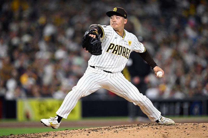 Jun 11, 2024; San Diego, California, USA; San Diego Padres relief pitcher Yuki Matsui (1) pitches against the Oakland Athletics during the sixth inning at Petco Park. Mandatory Credit: Orlando Ramirez-USA TODAY Sports