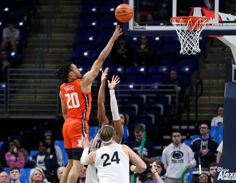 Feb 14, 2023; University Park, Pennsylvania, USA; Illinois Fighting Illini guard/forward Ty Rodgers (20) drives the ball to the basket during the first half against the Penn State Nittany Lions at Bryce Jordan Center. Penn State defeated Illinois 93-81. Mandatory Credit: Matthew OHaren-USA TODAY Sports