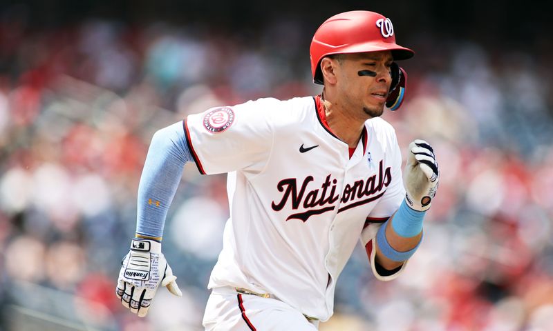 Jun 16, 2024; Washington, District of Columbia, USA; Washington Nationals first base Joey Meneses (45) runs to first base after hitting a single during the sixth inning in a game against the Miami Marlins at Nationals Park. Mandatory Credit: Daniel Kucin Jr.-USA TODAY Sports