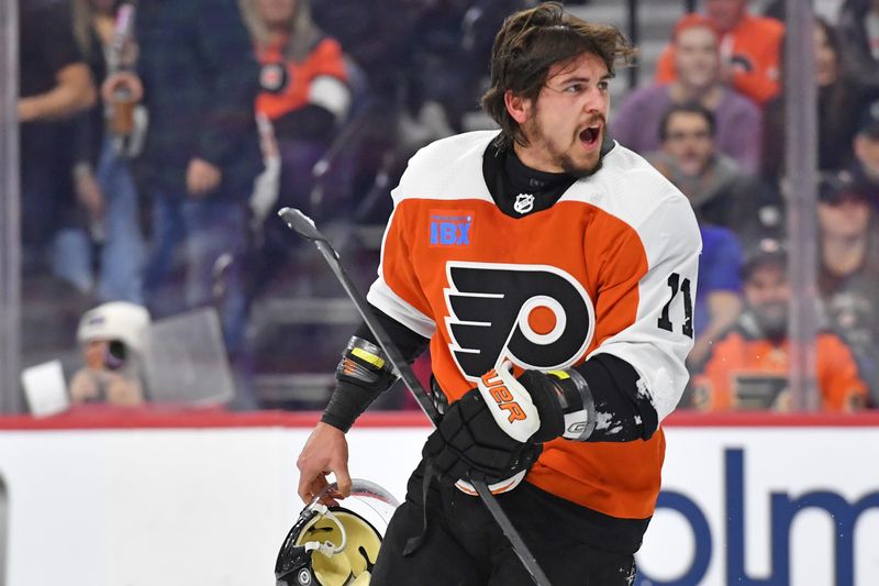 Jan 10, 2024; Philadelphia, Pennsylvania, USA; Philadelphia Flyers right wing Travis Konecny (11) yells at the Montreal Canadiens during the first period at Wells Fargo Center. Mandatory Credit: Eric Hartline-USA TODAY Sports