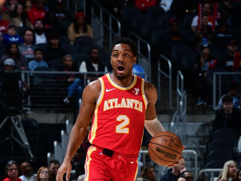 ATLANTA, GA - JANUARY 28: Trent Forrest #2 of the Atlanta Hawks handles the ball during the game against the Toronto Raptors on January 28, 2024 at State Farm Arena in Atlanta, Georgia.  NOTE TO USER: User expressly acknowledges and agrees that, by downloading and/or using this Photograph, user is consenting to the terms and conditions of the Getty Images License Agreement. Mandatory Copyright Notice: Copyright 2024 NBAE (Photo by Scott Cunningham/NBAE via Getty Images)