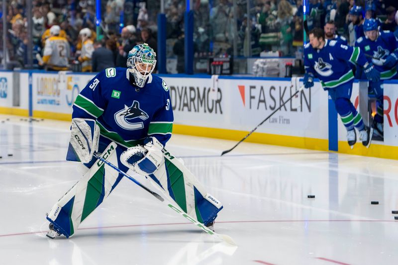 Apr 30, 2024; Vancouver, British Columbia, CAN; Vancouver Canucks goalie Arturs Silvos (31) skates in warm up prior to game five of the first round of the 2024 Stanley Cup Playoffs against the Nashville Predators at Rogers Arena. Mandatory Credit: Bob Frid-USA TODAY Sports
