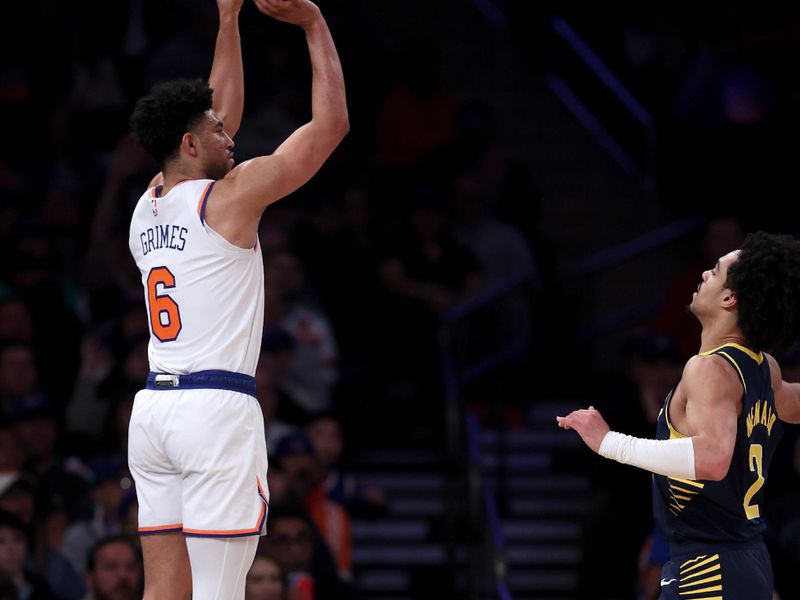 NEW YORK, NEW YORK - APRIL 09:  Quentin Grimes #6 of the New York Knicks shoots a three point shot as Andrew Nembhard #2 of the Indiana Pacers defends at Madison Square Garden on April 09, 2023 in New York City. NOTE TO USER: User expressly acknowledges and agrees that, by downloading and or using this photograph, User is consenting to the terms and conditions of the Getty Images License Agreement. (Photo by Elsa/Getty Images)