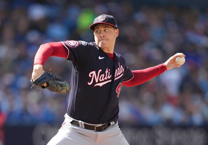 Aug 30, 2023; Toronto, Ontario, CAN; Washington Nationals starting pitcher Patrick Corbin (46) throws a pitch against the Toronto Blue Jays during the first inning at Rogers Centre. Mandatory Credit: Nick Turchiaro-USA TODAY Sports