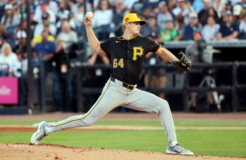 Mar 15, 2024; Tampa, Florida, USA; Pittsburgh Pirates starting pitcher Quinn Priester (64) pitches during the first inning against the New York Yankees at George M. Steinbrenner Field. Mandatory Credit: Kim Klement Neitzel-USA TODAY Sports