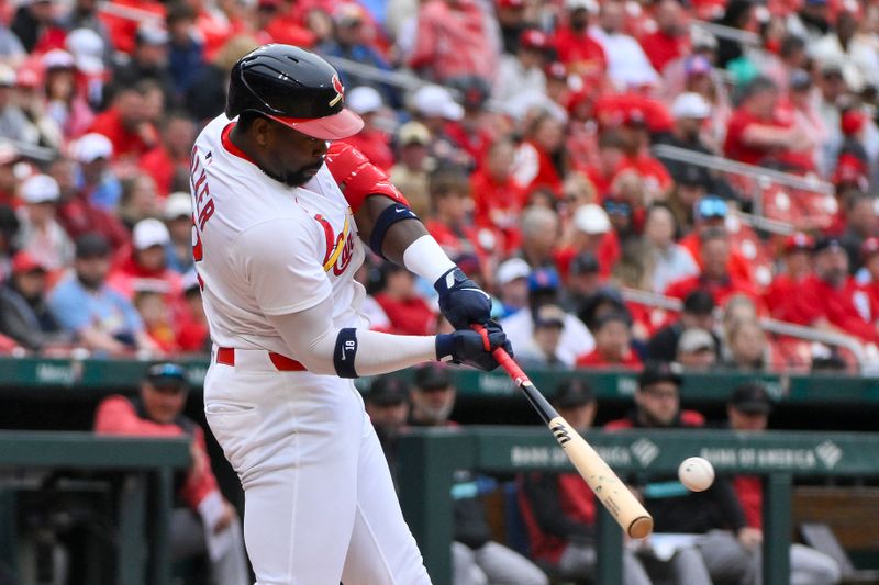 May 25, 2025; St. Louis, Missouri, USA;  St. Louis Cardinals right fielder Jordan Walker (18) hits a single against the Arizona Diamondbacks during the second inning at Busch Stadium. Mandatory Credit: Jeff Curry-Imagn Images