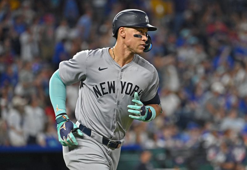 Jun 11, 2024; Kansas City, Missouri, USA; New York Yankees center fielder Aaron Judge (99) rounds the bases after hitting a two-run home run in the seventh inning against the Kansas City Royals at Kauffman Stadium. Mandatory Credit: Peter Aiken-USA TODAY Sports