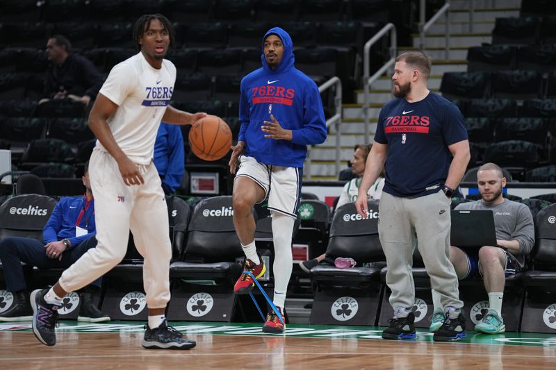 BOSTON, MA - MAY 3: De'Anthony Melton #8 of the Philadelphia 76ers looks on during the game during Round 2 Game 2 of the Eastern Conference Semi-Finals 2023 NBA Playoffs on May 3, 2023 at the TD Garden in Boston, Massachusetts. NOTE TO USER: User expressly acknowledges and agrees that, by downloading and or using this photograph, User is consenting to the terms and conditions of the Getty Images License Agreement. Mandatory Copyright Notice: Copyright 2023 NBAE  (Photo by Jesse D. Garrabrant/NBAE via Getty Images)