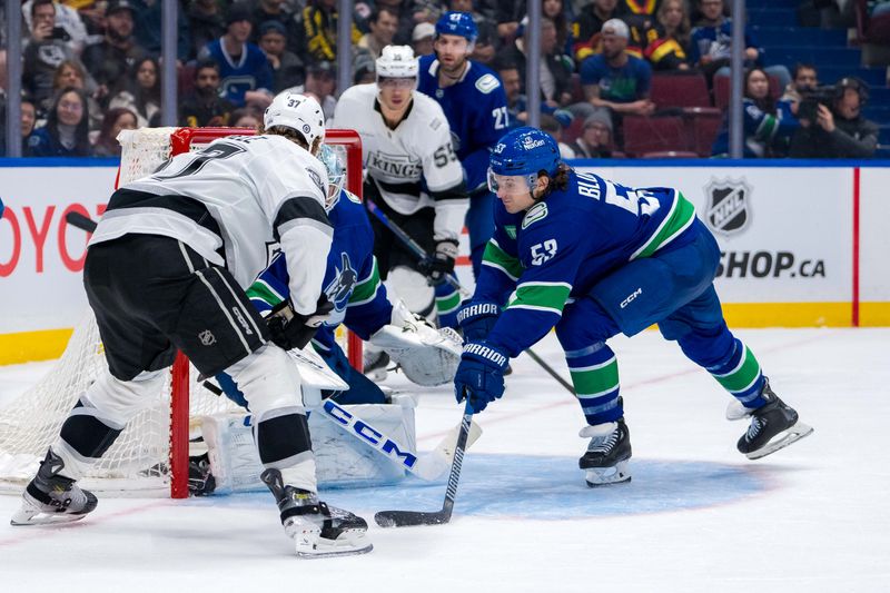 Jan 16, 2025; Vancouver, British Columbia, CAN; Vancouver Canucks forward Teddy Blueger (53) watches as Los Angeles Kings forward Warren Foegele (37) scores on goalie Thatcher Demko (35) in the third period at Rogers Arena. Mandatory Credit: Bob Frid-Imagn Images