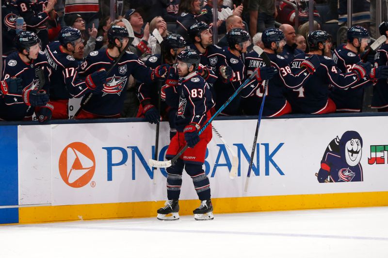 Mar 9, 2026; Columbus, Ohio, USA; Columbus Blue Jackets right wing Conor Garland (83) celebrates his goal against the Los Angeles Kings  during the first period at Nationwide Arena. Mandatory Credit: Russell LaBounty-Imagn Images