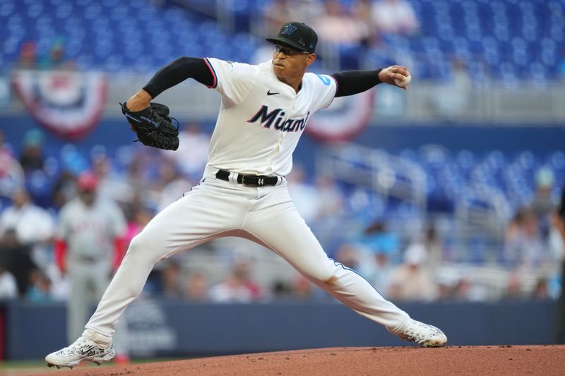 Apr 2, 2024; Miami, Florida, USA; Miami Marlins starting pitcher Jesus Luzardo (44) pitches in the first inning against the Los Angeles Angels at loanDepot Park. Mandatory Credit: Jim Rassol-USA TODAY Sports