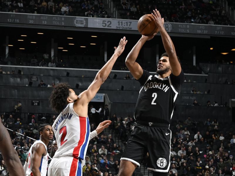 BROOKLYN, NY - NOVEMBER 3: Cameron Johnson #2 of the Brooklyn Nets shoots the ball during the game against the Detroit Pistons on November 3, 2024 at Barclays Center in Brooklyn, New York. NOTE TO USER: User expressly acknowledges and agrees that, by downloading and or using this Photograph, user is consenting to the terms and conditions of the Getty Images License Agreement. Mandatory Copyright Notice: Copyright 2024 NBAE (Photo by David Dow/NBAE via Getty Images)