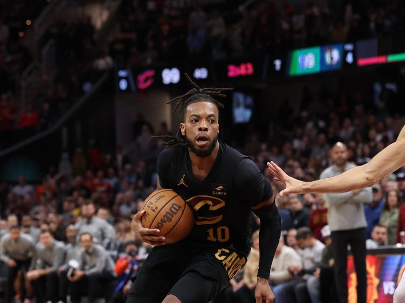 CLEVELAND, OH - MARCH 5: Darius Garland #10 of the Cleveland Cavaliers dribbles the ball during the game against the Boston Celtics on March 5, 2024 at Rocket Mortgage FieldHouse in Cleveland, Ohio. NOTE TO USER: User expressly acknowledges and agrees that, by downloading and/or using this Photograph, user is consenting to the terms and conditions of the Getty Images License Agreement. Mandatory Copyright Notice: Copyright 2024 NBAE (Photo by Lauren Leigh Bacho<p><br/></p>/NBAE via Getty Images)