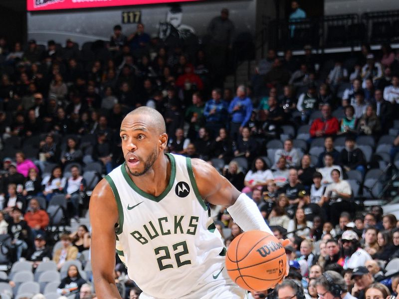 SAN ANTONIO, TX - JANUARY 4: Khris Middleton #22 of the Milwaukee Bucks dribbles the ball during the game against the San Antonio Spurs on January 4, 2024 at the Frost Bank Center in San Antonio, Texas. NOTE TO USER: User expressly acknowledges and agrees that, by downloading and or using this photograph, user is consenting to the terms and conditions of the Getty Images License Agreement. Mandatory Copyright Notice: Copyright 2024 NBAE (Photos by Michael Gonzales/NBAE via Getty Images)