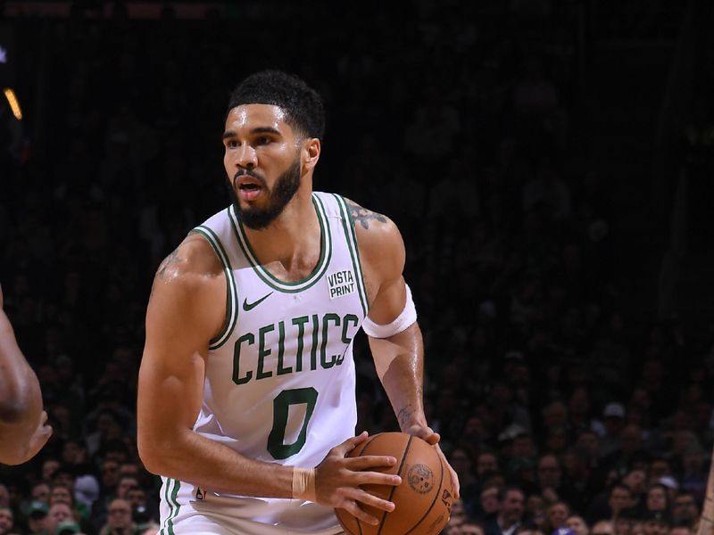 BOSTON, MA - APRIL 21: Jayson Tatum #0 of the Boston Celtics handles the ball during the game against the Miami Heat during Round 1 Game 1 of the 2024 NBA Playoffs on April 21, 2024 at the TD Garden in Boston, Massachusetts. NOTE TO USER: User expressly acknowledges and agrees that, by downloading and or using this photograph, User is consenting to the terms and conditions of the Getty Images License Agreement. Mandatory Copyright Notice: Copyright 2024 NBAE  (Photo by Brian Babineau/NBAE via Getty Images)