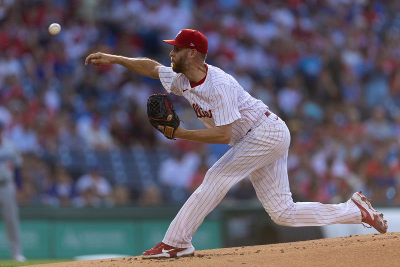 Jul 9, 2024; Philadelphia, Pennsylvania, USA; Philadelphia Phillies pitcher Zack Wheeler (45) throws a pitch against the Los Angeles Dodgers during the first inning at Citizens Bank Park. Mandatory Credit: Bill Streicher-USA TODAY Sports