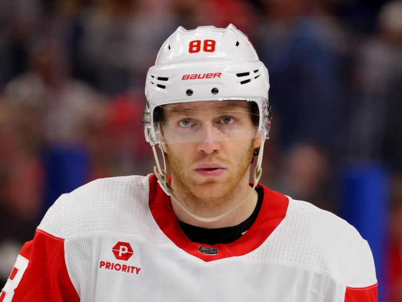 Mar 12, 2024; Buffalo, New York, USA;  Detroit Red Wings right wing Patrick Kane (88) waits for the faceoff during the first period against the Buffalo Sabres at KeyBank Center. Mandatory Credit: Timothy T. Ludwig-USA TODAY Sports