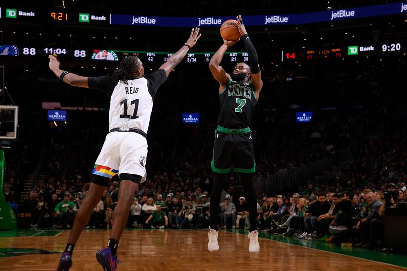 BOSTON, MA - DECEMBER 23: Jaylen Brown #7 of the Boston Celtics shoots the ball during the game against the Minnesota Timberwolves on December 23, 2022 at the TD Garden in Boston, Massachusetts.  NOTE TO USER: User expressly acknowledges and agrees that, by downloading and or using this photograph, User is consenting to the terms and conditions of the Getty Images License Agreement. Mandatory Copyright Notice: Copyright 2022 NBAE  (Photo by Brian Babineau/NBAE via Getty Images)