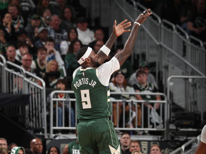 MILWAUKEE, WI - APRIL 21: Bobby Portis #9 of the Milwaukee Bucks shoots the ball during the game against the Indiana Pacers during Round 1 Game 1 of the 2024 NBA Playoffs on April 21, 2024 at the Fiserv Forum Center in Milwaukee, Wisconsin. NOTE TO USER: User expressly acknowledges and agrees that, by downloading and or using this Photograph, user is consenting to the terms and conditions of the Getty Images License Agreement. Mandatory Copyright Notice: Copyright 2024 NBAE (Photo by Gary Dineen/NBAE via Getty Images).