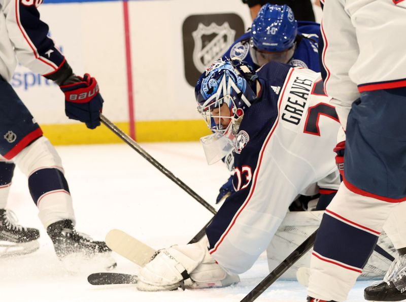 Apr 9, 2024; Tampa, Florida, USA; Columbus Blue Jackets goaltender Jet Greaves (73) makes a save against the Tampa Bay Lightning during the first period at Amalie Arena. Mandatory Credit: Kim Klement Neitzel-USA TODAY Sports