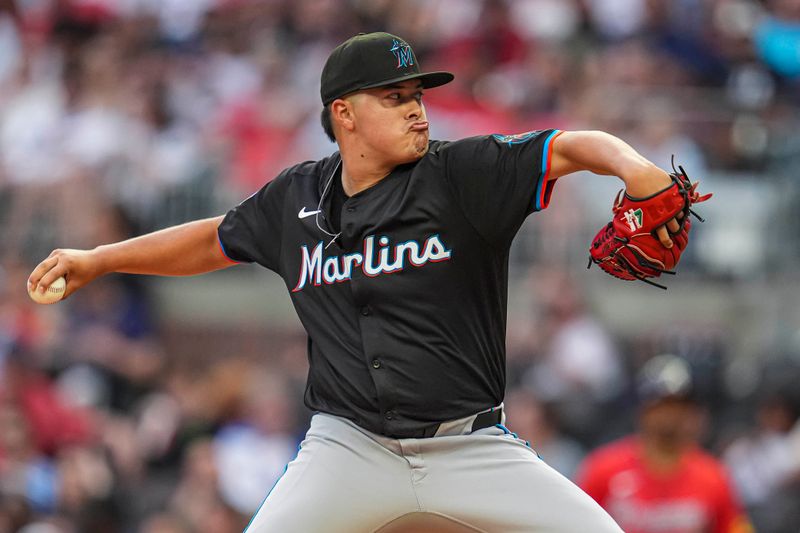 Aug 2, 2024; Cumberland, Georgia, USA; Miami Marlins starting pitcher Valente Bellozo (83) pitches against the Atlanta Braves during the third inning at Truist Park. Mandatory Credit: Dale Zanine-USA TODAY Sports