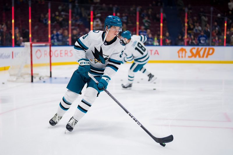 Dec 23, 2023; Vancouver, British Columbia, CAN; San Jose Sharks defenseman Henry Thrun (3) skates during warm up prior to a game against the Vancouver Canucks at Rogers Arena. Mandatory Credit: Bob Frid-USA TODAY Sports