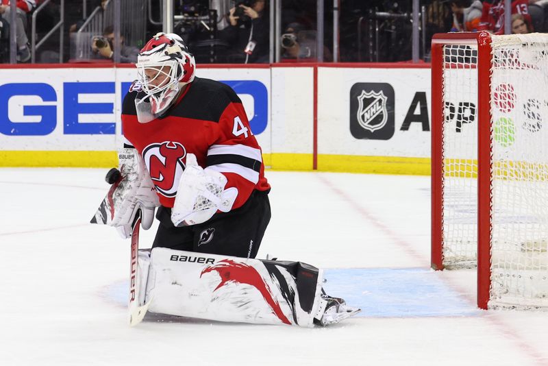 Mar 7, 2023; Newark, New Jersey, USA; New Jersey Devils goaltender Vitek Vanecek (41) makes a save against the Toronto Maple Leafs during the first period at Prudential Center. Mandatory Credit: Ed Mulholland-USA TODAY Sports