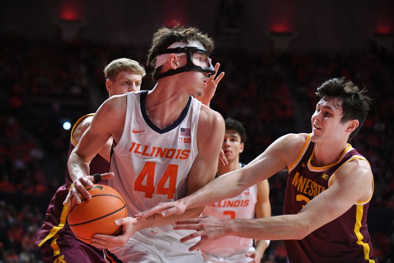 Jan 17, 2026; Champaign, Illinois, USA;  Illinois Fighting Illini forward Zvonimir Ivisic (44) pulls a rebound away from Minnesota Golden Gophers forward Bobby Durkin (3) during the first half at State Farm Center. Mandatory Credit: Ron Johnson-Imagn Images