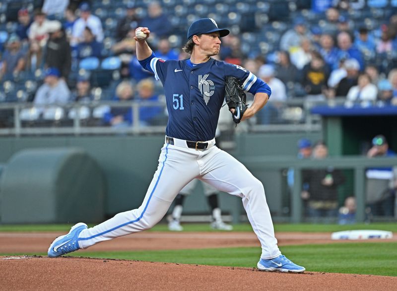 Apr 5, 2024; Kansas City, Missouri, USA; Kansas City Royals starting pitcher Brady Singer (51) delivers a pitch in the first inning against the Chicago White Sox at Kauffman Stadium. Mandatory Credit: Peter Aiken-USA TODAY Sports