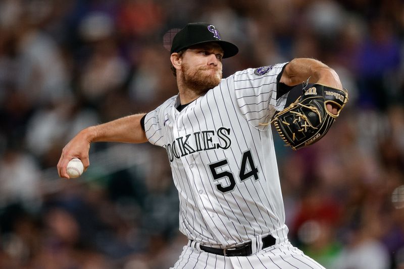 Jul 28, 2023; Denver, Colorado, USA; Colorado Rockies relief pitcher Matt Koch (54) pitches in the ninth inning against the Oakland Athletics at Coors Field. Mandatory Credit: Isaiah J. Downing-USA TODAY Sports