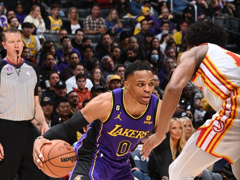 LOS ANGELES, CA - JANUARY 6: Russell Westbrook #0 of the Los Angeles Lakers handles the ball during the game against the Atlanta Hawks on January 6, 2023 at Crypto.Com Arena in Los Angeles, California. NOTE TO USER: User expressly acknowledges and agrees that, by downloading and/or using this Photograph, user is consenting to the terms and conditions of the Getty Images License Agreement. Mandatory Copyright Notice: Copyright 2023 NBAE (Photo by Andrew D. Bernstein/NBAE via Getty Images)