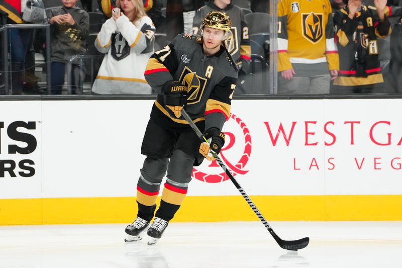 Dec 10, 2023; Las Vegas, Nevada, USA; Vegas Golden Knights center William Karlsson (71) warms up before the start of a game against the San Jose Sharks at T-Mobile Arena. Mandatory Credit: Stephen R. Sylvanie-USA TODAY Sports