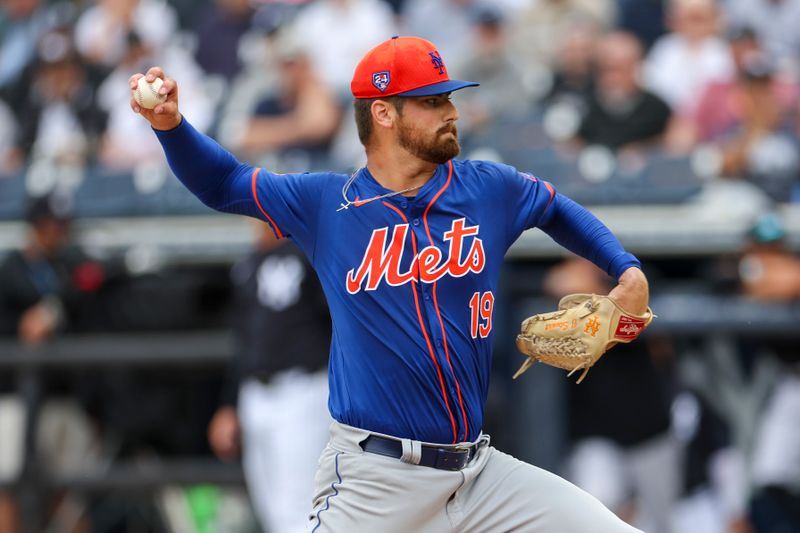 Mar 22, 2024; Tampa, Florida, USA;  New York Mets starting pitcher Tyler Stuart (19) throws a pitch against the New York Yankees in the first inning at George M. Steinbrenner Field. Mandatory Credit: Nathan Ray Seebeck-USA TODAY Sports