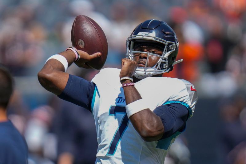 Tennessee Titans quarterback Malik Willis practices before an NFL preseason game against the Chicago Bears Saturday, Aug. 12, 2023, in Chicago. (AP Photo Erin Hooley)